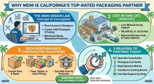 A comprehensive infographic titled 'Why MDM is California's Top-Rated Packaging Partner' featuring four sections: the MDM Design Lab with CAD prototyping, Just-In-Time (JIT) logistics at a 156,000 sq. ft. SoCal hub, high-performance corrugated solutions including Flexo and Litho printing, and 5 reasons to partner with MDM for rapid speed-to-market. The design includes California-themed elements like palm trees and a map outline.