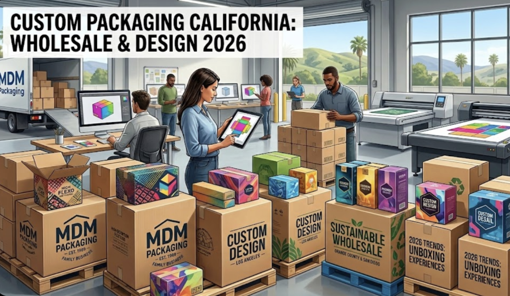 Custom Packaging California Wholesale & Design 2026: MDM Packaging facility showing expert designers and custom printed shipping boxes in a modern warehouse setting.