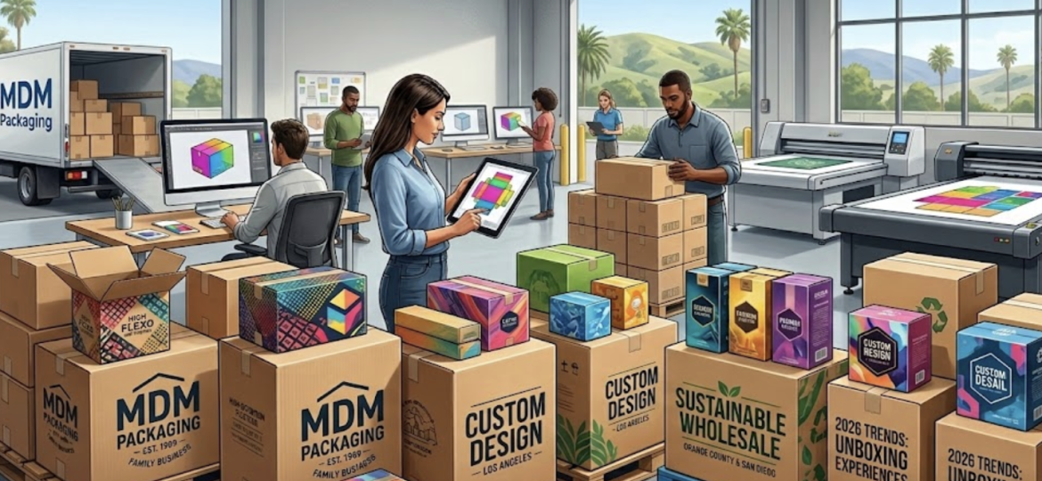 Professional product packaging design and wholesale corrugated boxes being manufactured at MDM Packaging's California distribution center for Los Angeles and Orange County businesses.