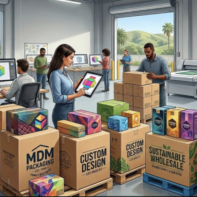 Professional product packaging design and wholesale corrugated boxes being manufactured at MDM Packaging's California distribution center for Los Angeles and Orange County businesses.