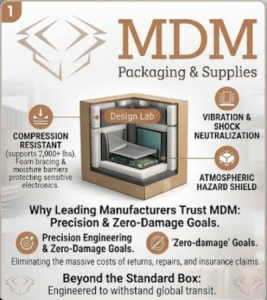 An infographic panel from MDM Packaging & Supplies titled "ENGINEERED STRUCTURAL SYSTEMS FOR CRITICAL FREIGHT." It focuses on material choice for cost-effective protection. A detailed comparison chart compares "Heavy-Duty Corrugated," "Custom Industrial Crates," and "Precision Die-Cut Inserts," with example images of an industrial pump and machinery. Icons link to specific technical advantages for each. A central illustration shows an industrial pump protected within a multi-layer corrugated engineered structure, with a forklift and shipping containers in the background. The full MDM Packaging & Supplies logo is at the top, and a "CONTACT US TODAY!" call-to-action is prominent