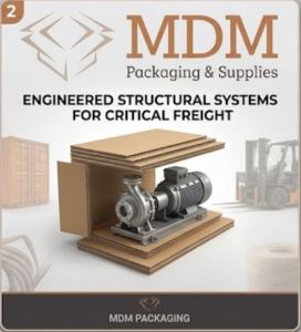 A photo-realistic, expansive landscape view of an MDM Packaging & Supplies presentation board, numbered '1', '2', and '3', with the full company logo across the top of all three sections. The board integrates elements from the first three images into a cohesive, high-resolution scene set against stylized industrial textures. The left section details the Compression Resistant Design Lab; the center shows the industrial pump within engineered corrugation with expanded context of shipping containers and a warehouse; and the right section presents the comprehensive "Choose the Right Shield" chart, warehouse photos, and corporate information. The entire piece serves as a professional brochure visualization.