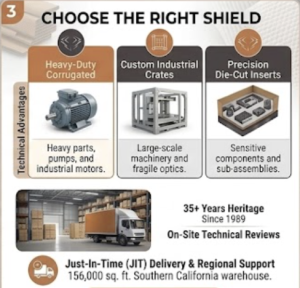 A comprehensive panel from MDM Packaging & Supplies summarizing services and brand heritage. The panel is titled "CHOOSE THE RIGHT SHIELD." It features the technical advantages chart from Image 2, followed by a wide-angle photograph of a large warehouse with a semi-truck at a loading bay, labeled "Just-In-Time (JIT) Delivery & Regional Support (156,000 sq. ft. Southern California warehouse)." The bottom sections highlight "35+ Years Heritage Since 1989" and "On-Site Technical Reviews," culminating in a contact call-to-action asking "READY TO SECURE YOUR INDUSTRIAL ASSETS WITH ENGINEERED CORRUGATED SOLUTIONS?" The MDM Packaging & Supplies logo is displayed.