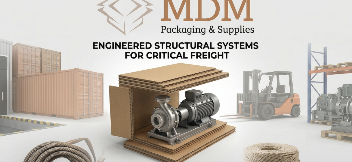 A detailed infographic panel from MDM Packaging & Supplies focusing on compression-resistant industrial packaging. It features a technical diagram with a cutaway view showing complex protective inserts and a "Design Lab" setting. Icons highlight compression resistance (supports over 2,000 lbs), foam bracing, moisture barriers for electronics, vibration and shock neutralization, atmospheric hazard shields, and pallet footprint optimization. The panel asks "Why Leading Manufacturers Trust MDM" and lists "Precision Engineering" and "Zero-Damage Goals." The MDM Packaging & Supplies logo is prominently displayed at the top.