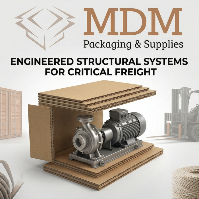 A detailed infographic panel from MDM Packaging & Supplies focusing on compression-resistant industrial packaging. It features a technical diagram with a cutaway view showing complex protective inserts and a "Design Lab" setting. Icons highlight compression resistance (supports over 2,000 lbs), foam bracing, moisture barriers for electronics, vibration and shock neutralization, atmospheric hazard shields, and pallet footprint optimization. The panel asks "Why Leading Manufacturers Trust MDM" and lists "Precision Engineering" and "Zero-Damage Goals." The MDM Packaging & Supplies logo is prominently displayed at the top.