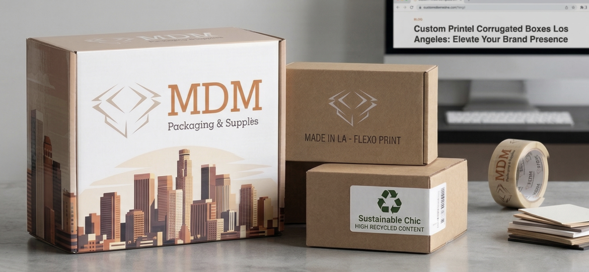 "A variety of custom-printed corrugated boxes for Los Angeles businesses by MDM Packaging, featuring a detailed LA skyline graphic, durable flexo print kraft boxes with 'Made in LA' text, and a sustainable packaging option with a high-recycled content label, all arranged on a desk.