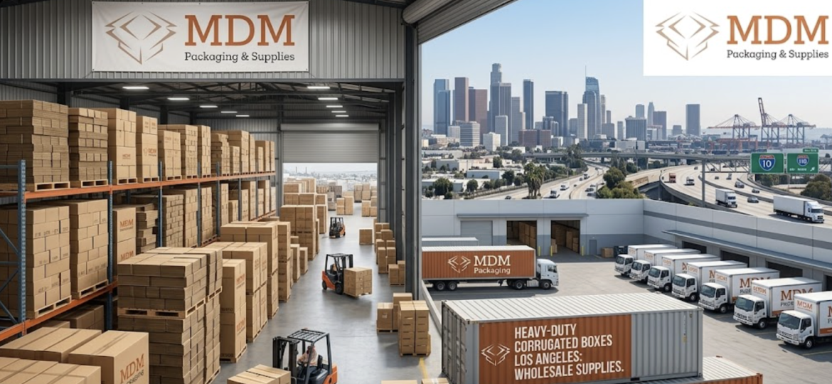 A wide-angle landscape photograph showcasing a massive, bustling MDM Packaging wholesale distribution warehouse in Los Angeles. Floor-to-ceiling stacks of heavy-duty corrugated boxes are neatly organized on industrial shelving, with forklifts moving pallets. Large banners featuring the MDM Packaging logo (from image_0.png) hang prominently, and delivery trucks are lined up at loading docks. In the background, the iconic Los Angeles skyline and port cranes are visible under a clear sky. Integrated text blocks state 'HEAVY-DUTY CORRUGATED BOXES LOS ANGELES: WHOLESALE SUPPLIES