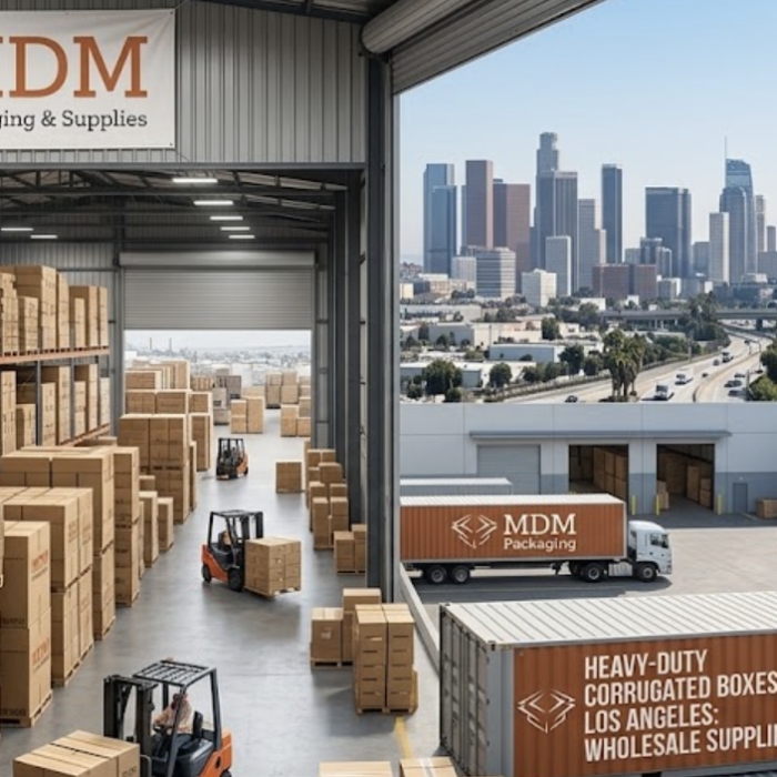 A wide-angle landscape photograph showcasing a massive, bustling MDM Packaging wholesale distribution warehouse in Los Angeles. Floor-to-ceiling stacks of heavy-duty corrugated boxes are neatly organized on industrial shelving, with forklifts moving pallets. Large banners featuring the MDM Packaging logo (from image_0.png) hang prominently, and delivery trucks are lined up at loading docks. In the background, the iconic Los Angeles skyline and port cranes are visible under a clear sky. Integrated text blocks state 'HEAVY-DUTY CORRUGATED BOXES LOS ANGELES: WHOLESALE SUPPLIES