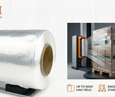 Automated turntable wrapper undergoing machine stretch film optimization
