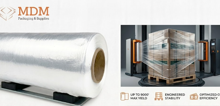 Automated turntable wrapper undergoing machine stretch film optimization