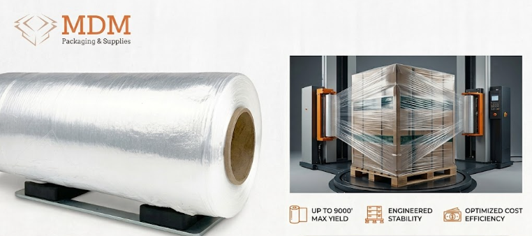 Automated turntable wrapper undergoing machine stretch film optimization